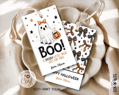 BOO Coquette Ghost Spooky Treat, Printable Fall Favor Tag Set, Instant Download Editable Template - Scrap Bits