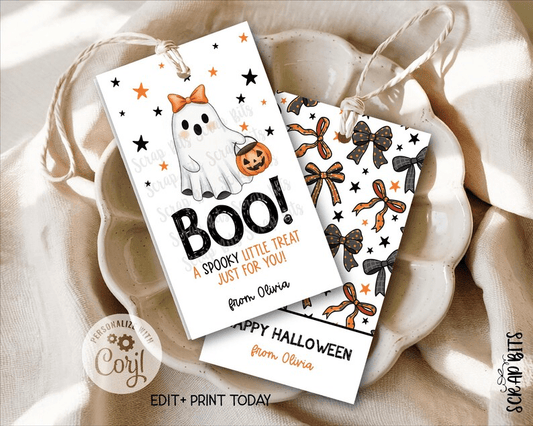 BOO Coquette Ghost Spooky Treat, Printable Fall Favor Tag Set, Instant Download Editable Template - Scrap Bits