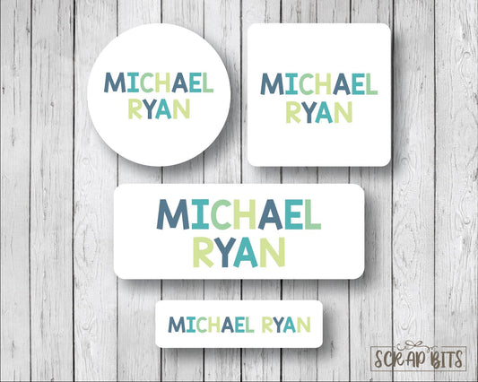 Boys Name Labels Bundle, Blue Green . Personalized Belonging Labels - Scrap Bits