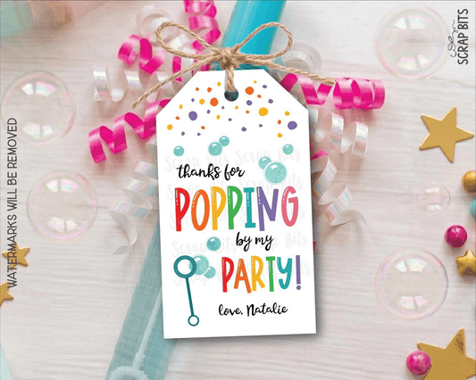 Bubbles Birthday Favor Tags, Thanks for Popping By, Personalized Labels - Scrap Bits