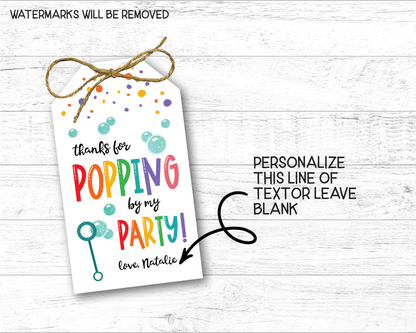 Bubbles Birthday Tags, Thanks for Popping By, Personalized Favor Tags - Scrap Bits