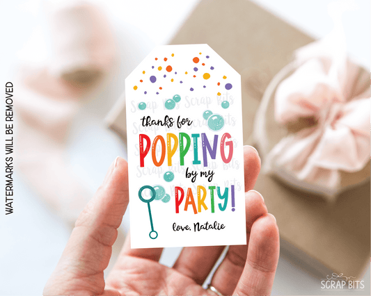 Bubbles Birthday Tags, Thanks for Popping By, Personalized Favor Tags - Scrap Bits