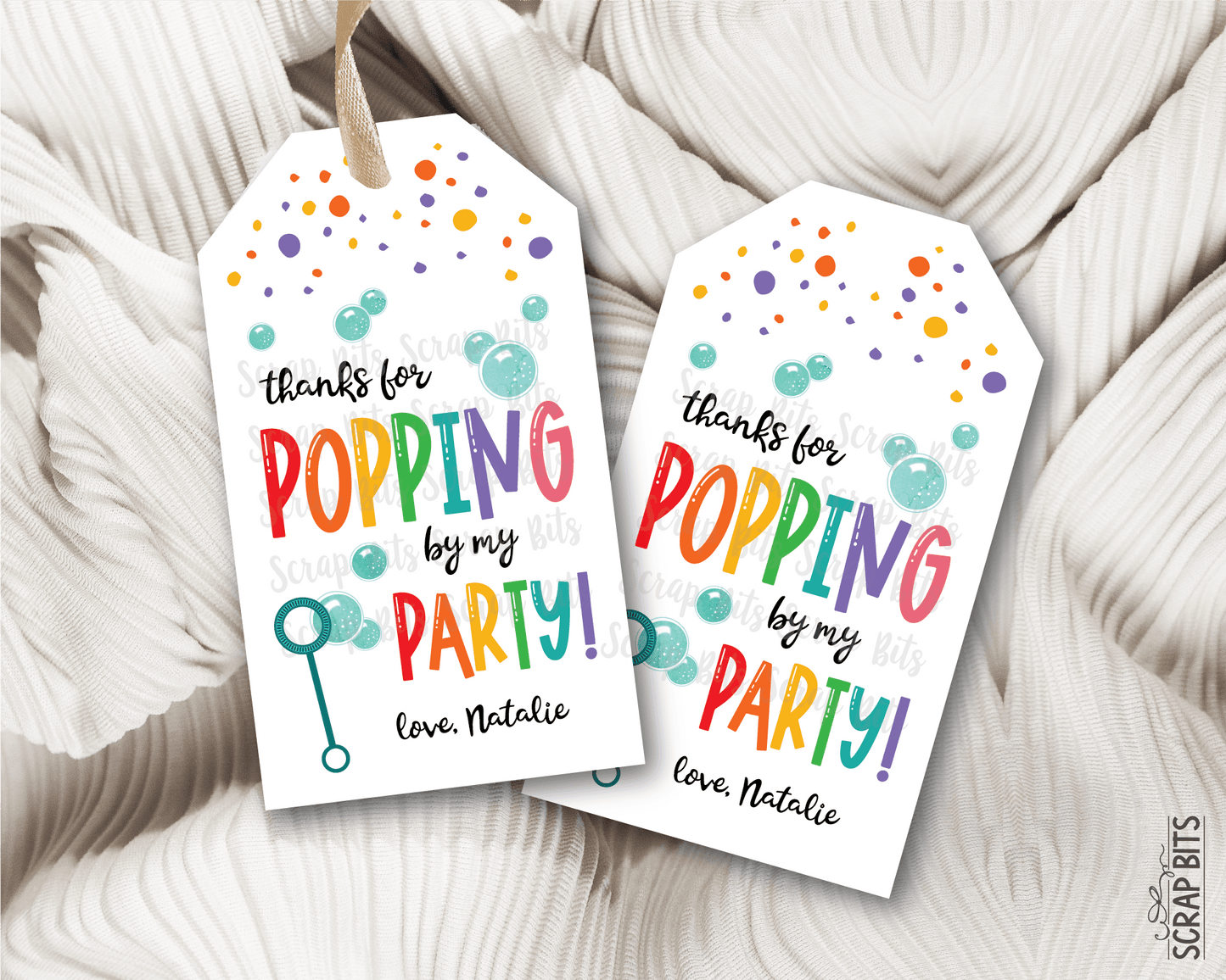Bubbles Birthday Tags, Thanks for Popping By, Personalized Favor Tags - Scrap Bits