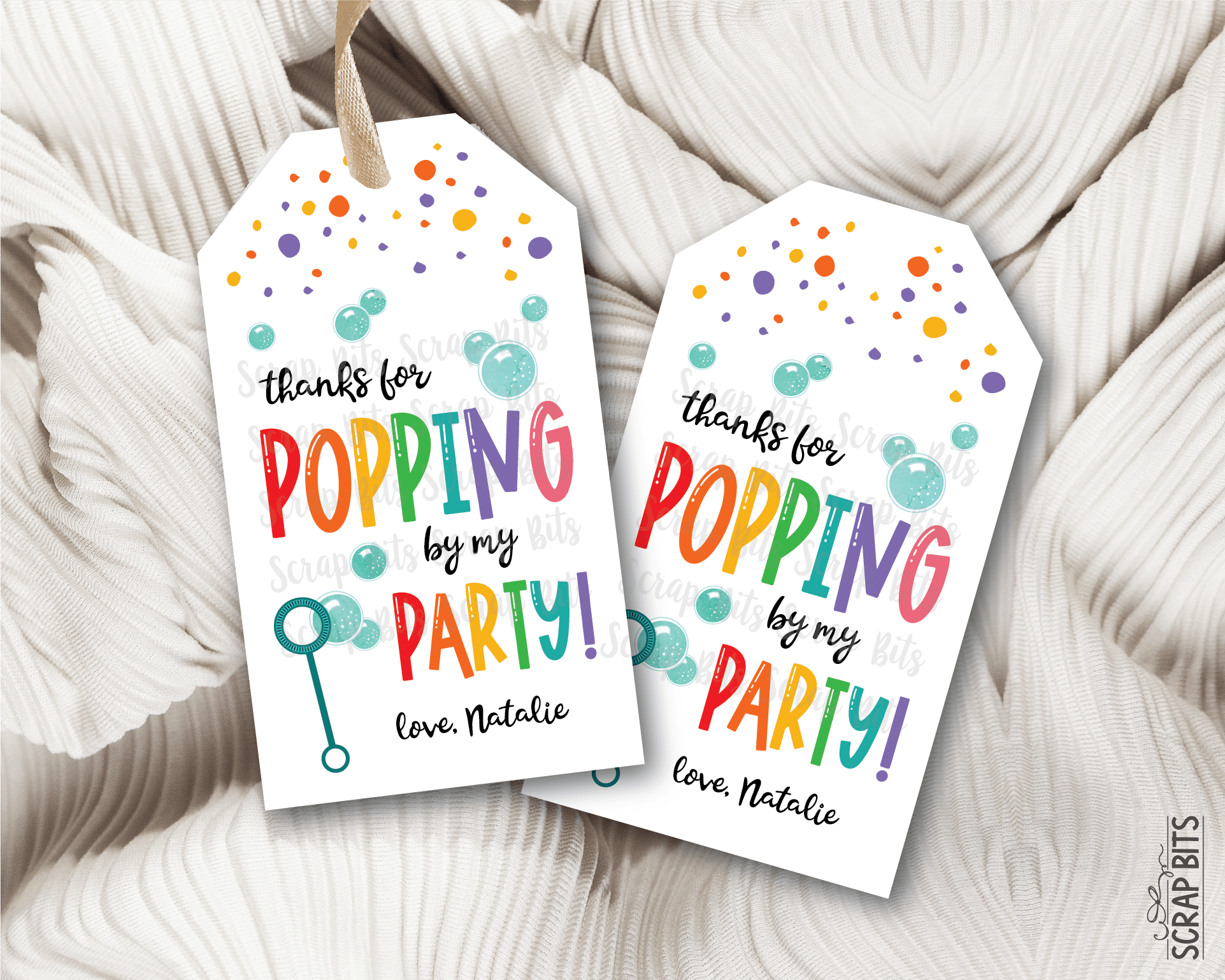 Bubbles Birthday Tags, Thanks for Popping By, Personalized Favor Tags - Scrap Bits