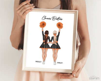 Cheer Besties Portrait Print, Custom Digital Drawing - High Poms - Scrap Bits