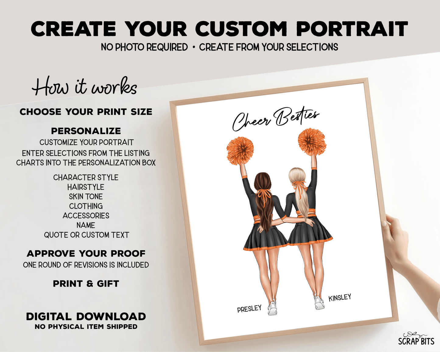 Cheer Besties Portrait Print, Custom Digital Drawing - High Poms - Scrap Bits