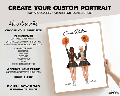 Cheer Besties Portrait Print, Custom Digital Drawing - High Poms - Scrap Bits