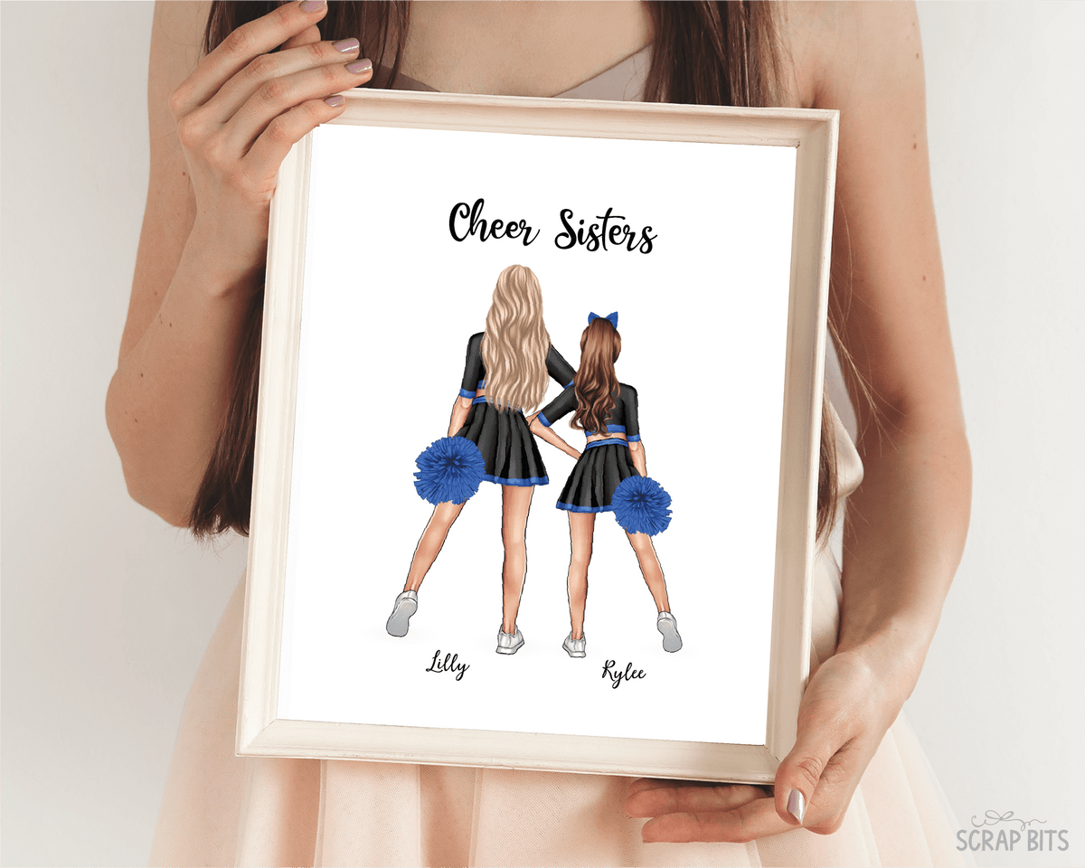 Cheer Besties Portrait Print, Custom Digital Drawing - Hip Poms - Scrap Bits