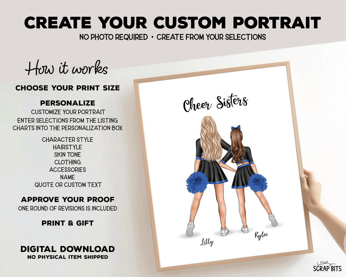 Cheer Besties Portrait Print, Custom Digital Drawing - Hip Poms - Scrap Bits