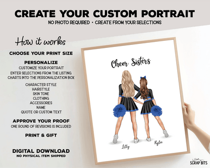 Cheer Besties Portrait Print, Custom Digital Drawing - Hip Poms - Scrap Bits