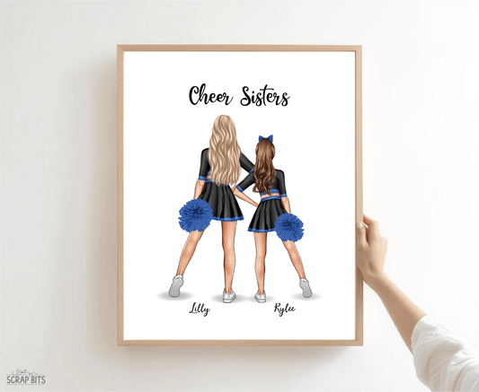 Cheer Besties Portrait Print, Custom Digital Drawing - Hip Poms - Scrap Bits