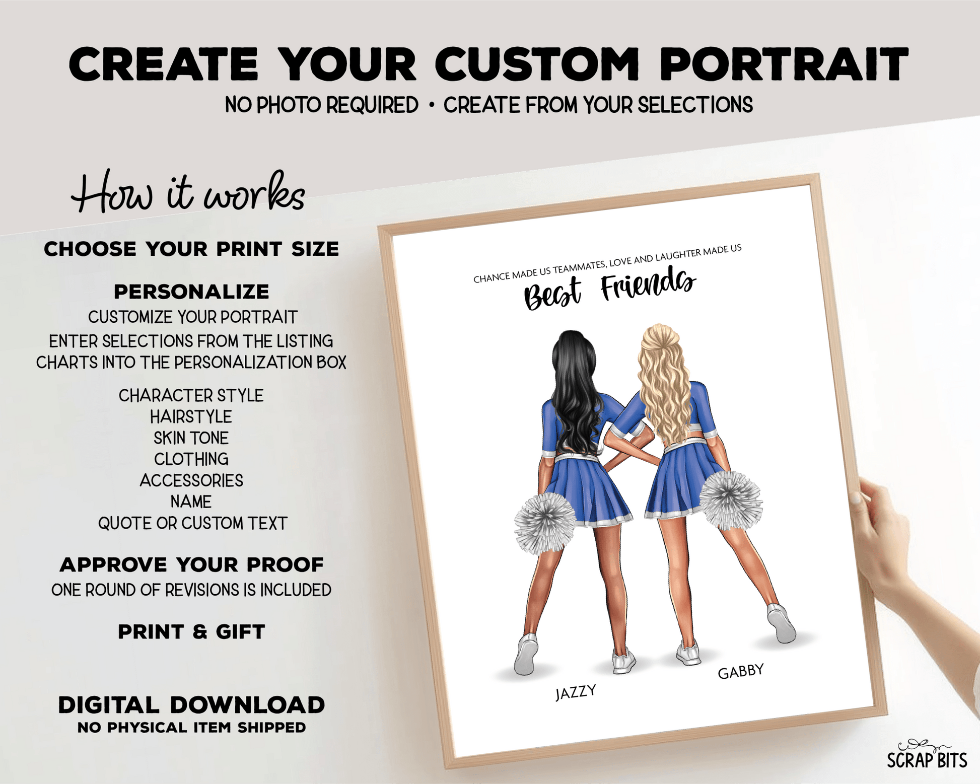 Cheer Besties Portrait Print, Custom Digital Drawing - Hip Poms - Scrap Bits