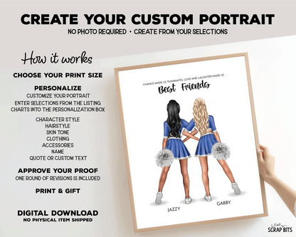 Cheer Besties Portrait Print, Custom Digital Drawing - Hip Poms - Scrap Bits