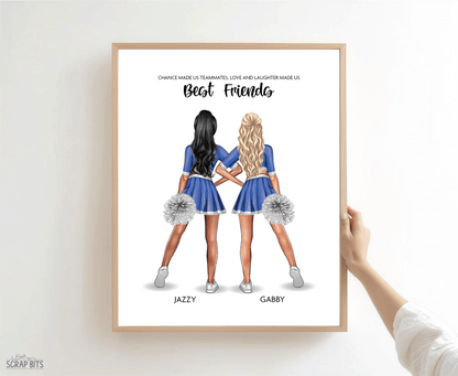 Cheer Besties Portrait Print, Custom Digital Drawing - Hip Poms - Scrap Bits