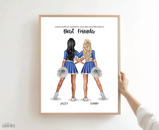 Cheer Besties Portrait Print, Custom Digital Drawing - Hip Poms - Scrap Bits