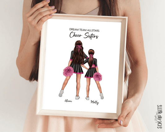 Cheer Sisters Portrait Print, Custom Cheerleader Friends Gift, Digital Download - Scrap Bits