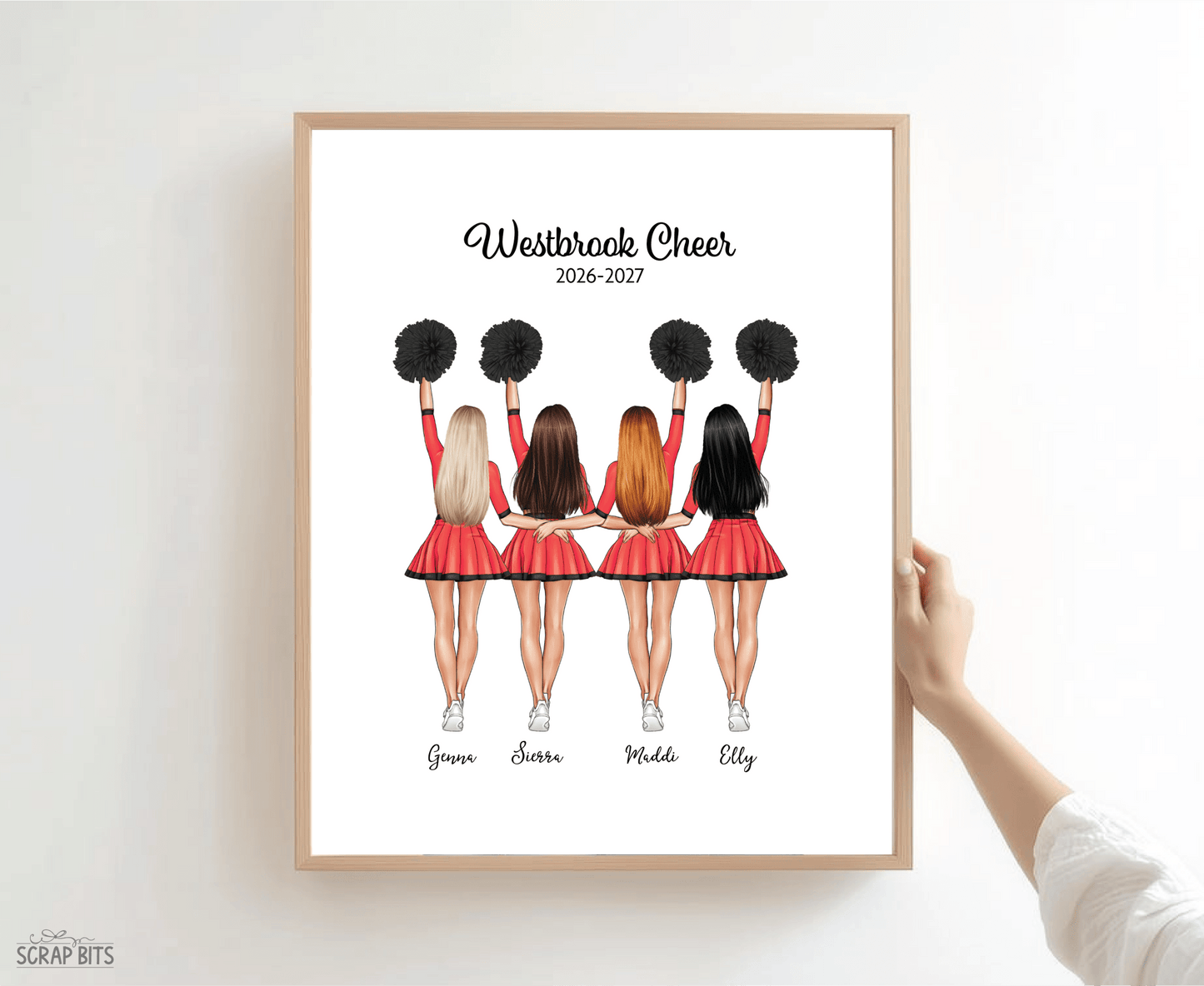 Cheer Team Portrait Print, Custom Digital Drawing - High Poms - Scrap Bits