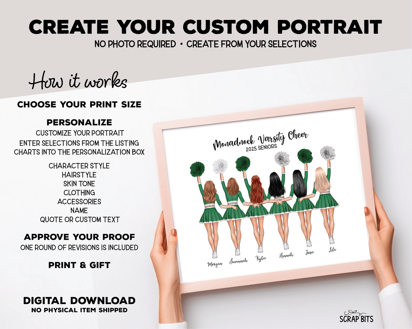 Cheer Team Portrait Print, Custom Digital Drawing - High Poms - Scrap Bits