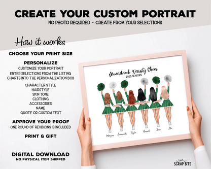 Cheer Team Portrait Print, Custom Digital Drawing - High Poms - Scrap Bits