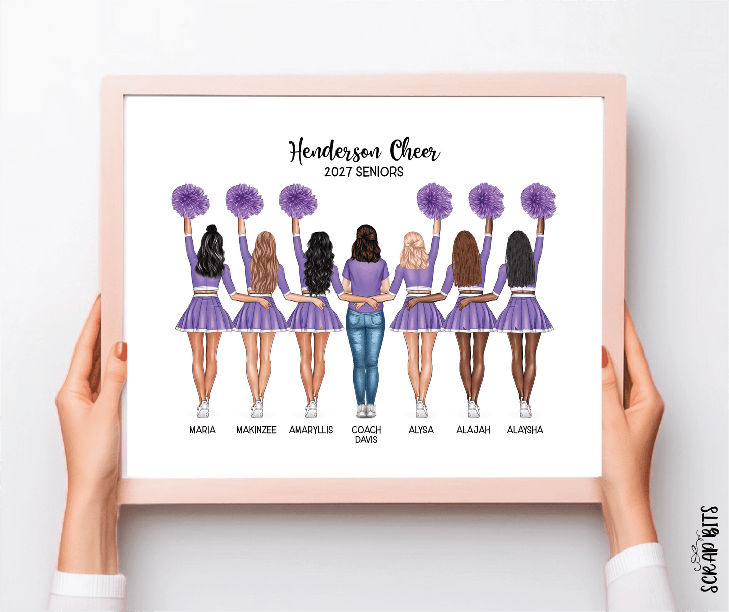 Cheer Team with Coach Portrait Print, Custom Digital Drawing - High Poms - Scrap Bits