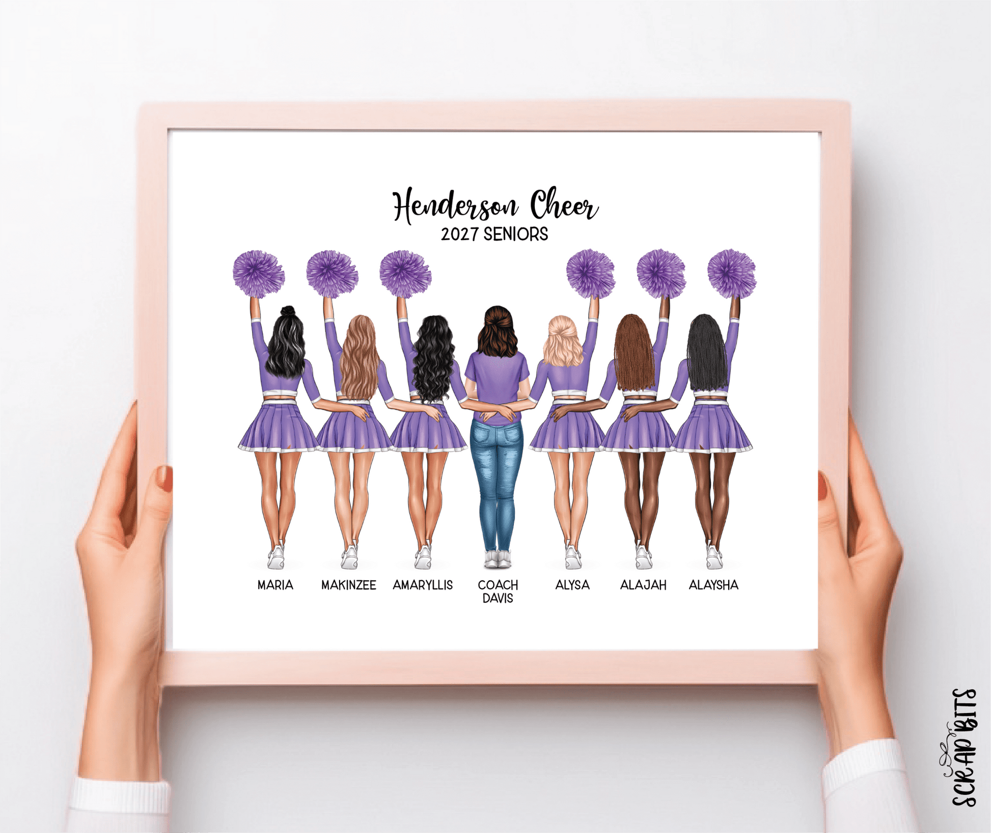 Cheer Team with Coach Portrait Print, Custom Digital Drawing - High Poms - Scrap Bits