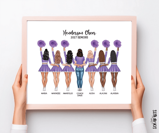 Cheer Team with Coach Portrait Print, Custom Digital Drawing - High Poms - Scrap Bits