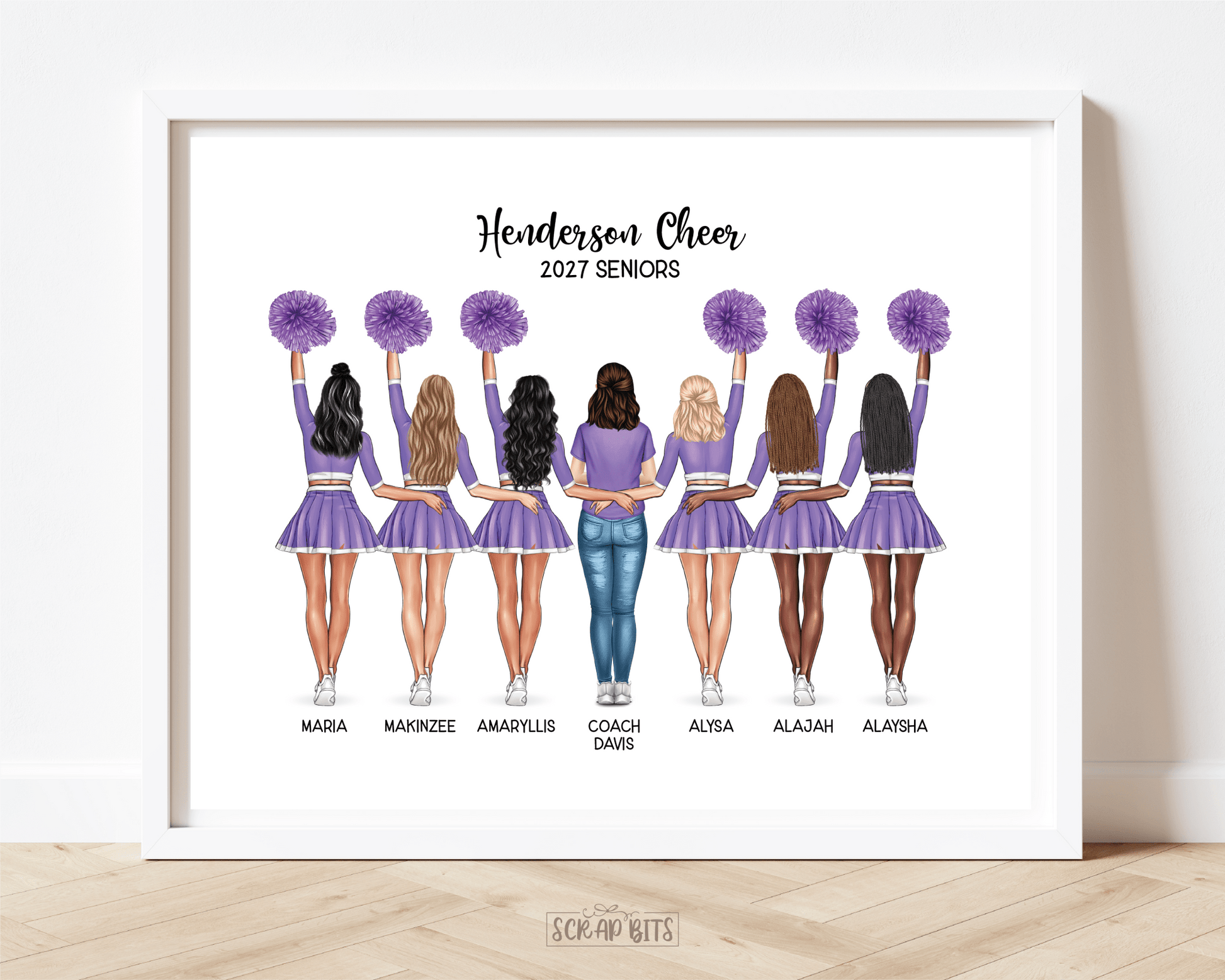 Cheer Team with Coach Portrait Print, Custom Digital Drawing - High Poms - Scrap Bits