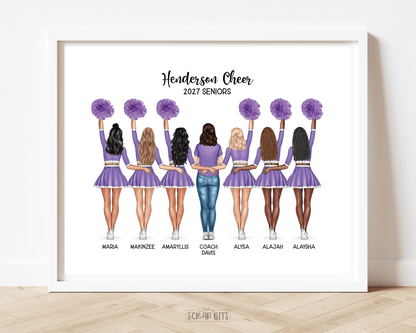 Cheer Team with Coach Portrait Print, Custom Digital Drawing - High Poms - Scrap Bits