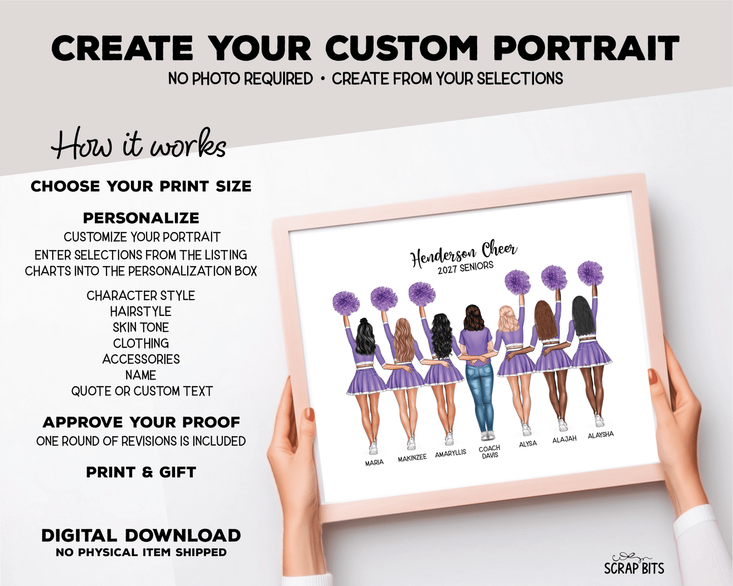 Cheer Team with Coach Portrait Print, Custom Digital Drawing - High Poms - Scrap Bits