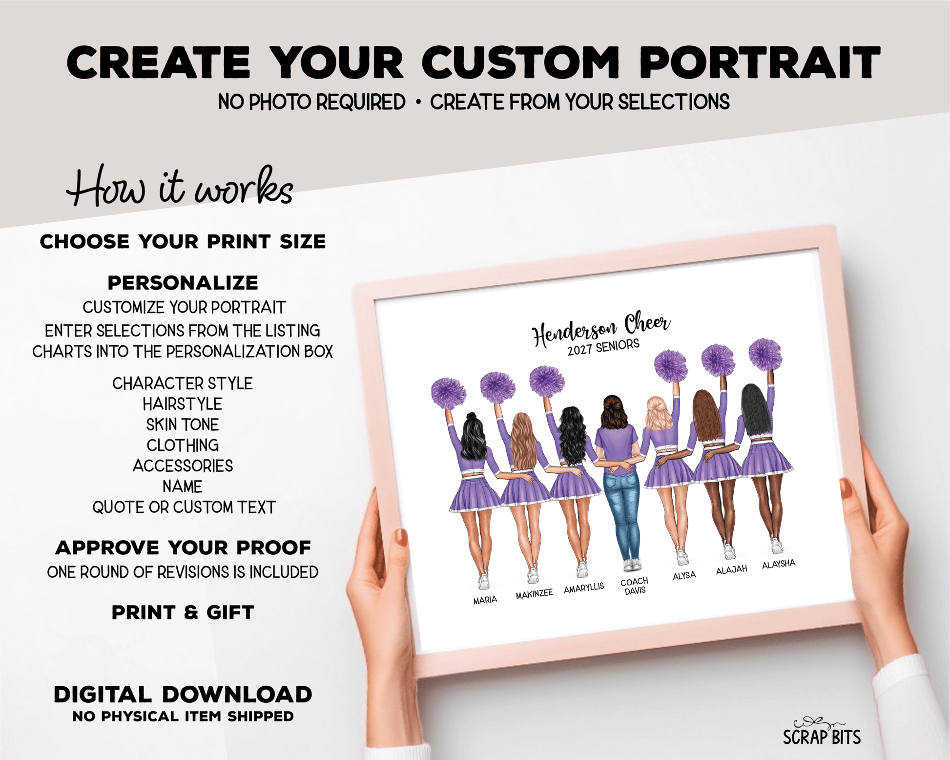 Cheer Team with Coach Portrait Print, Custom Digital Drawing - High Poms - Scrap Bits