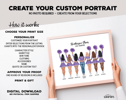 Cheer Team with Coach Portrait Print, Custom Digital Drawing - High Poms - Scrap Bits