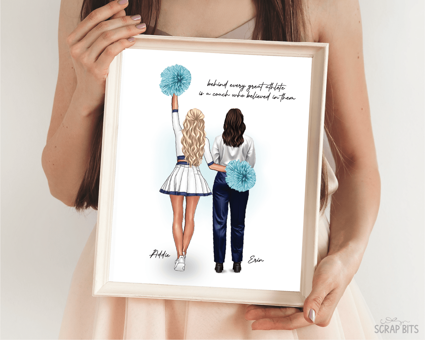 Cheerleader + Coach Portrait Print, Custom Digital Drawing - High Poms - Scrap Bits