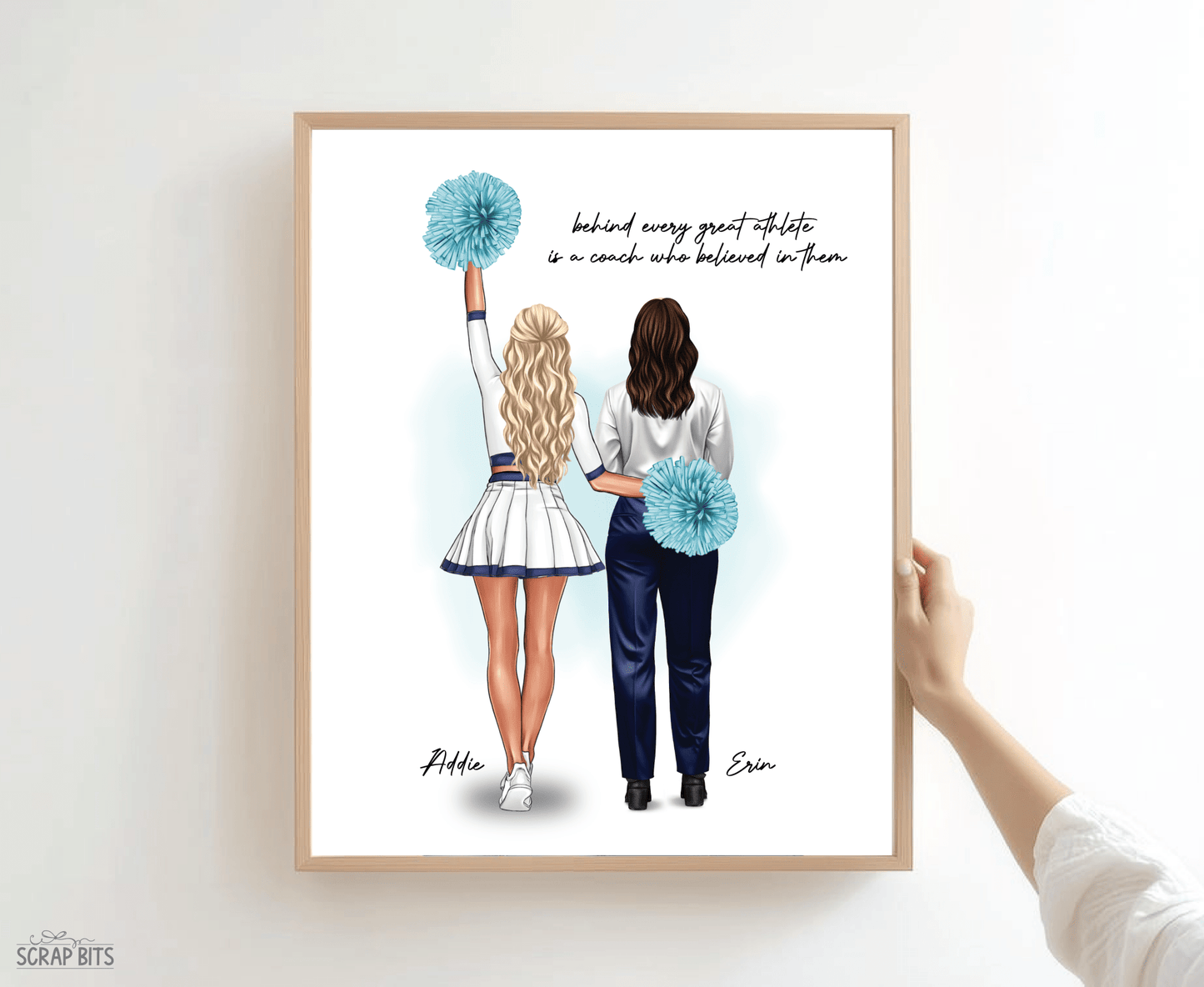 Cheerleader + Coach Portrait Print, Custom Digital Drawing - High Poms - Scrap Bits