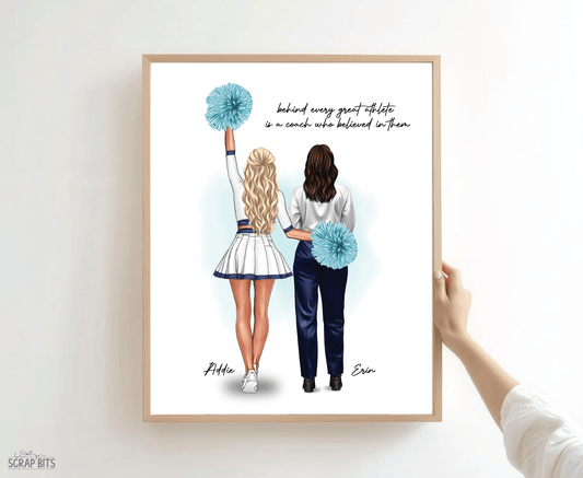 Cheerleader + Coach Portrait Print, Custom Digital Drawing - High Poms - Scrap Bits