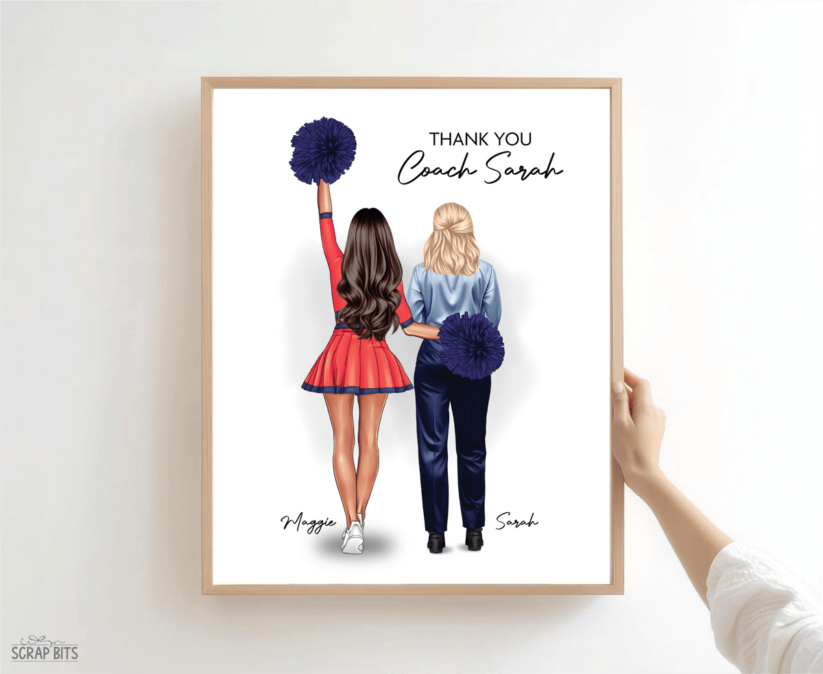 Cheerleader + Coach Portrait Print, Custom Digital Drawing - High Poms - Scrap Bits