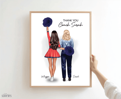 Cheerleader + Coach Portrait Print, Custom Digital Drawing - High Poms - Scrap Bits