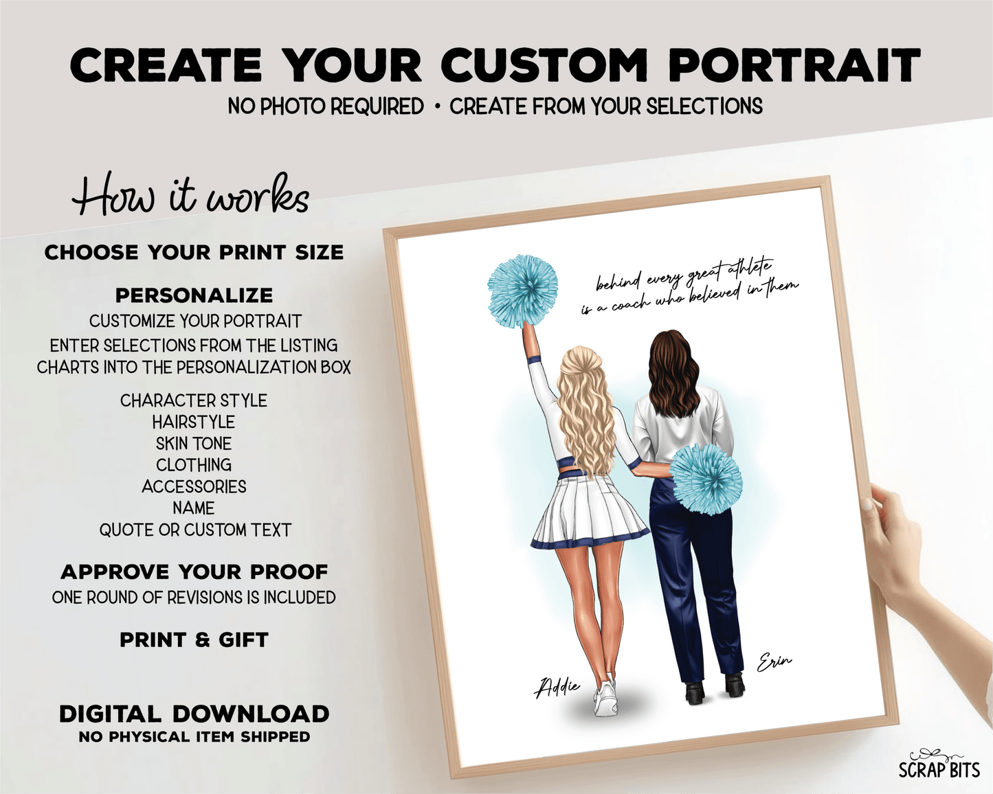 Cheerleader + Coach Portrait Print, Custom Digital Drawing - High Poms - Scrap Bits