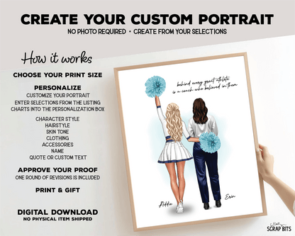 Cheerleader + Coach Portrait Print, Custom Digital Drawing - High Poms - Scrap Bits