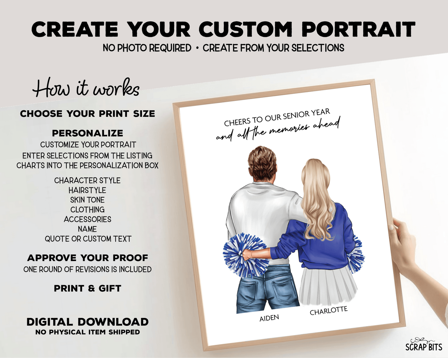 Cheerleader Girlfriend Portrait Print, Cheers to Our Senior Year, Custom Digital Drawing - Scrap Bits