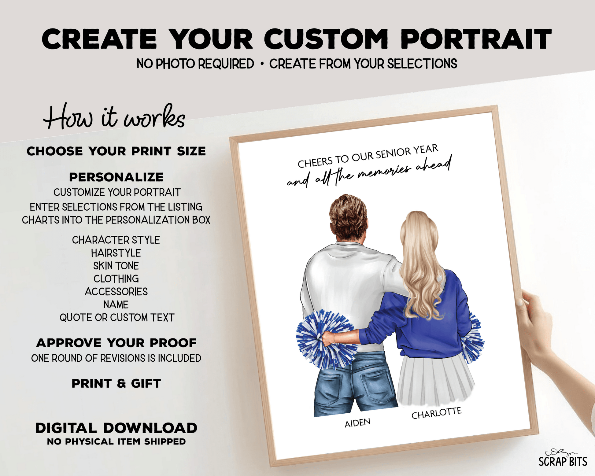 Cheerleader Girlfriend Portrait Print, Cheers to Our Senior Year, Custom Digital Drawing - Scrap Bits