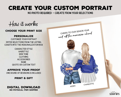 Cheerleader Girlfriend Portrait Print, Cheers to Our Senior Year, Custom Digital Drawing - Scrap Bits
