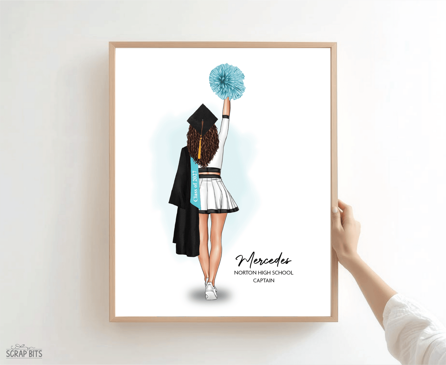 Cheerleader Graduation Portrait Print, Custom Digital Drawing - High Poms - Scrap Bits