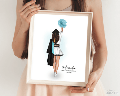 Cheerleader Graduation Portrait Print, Custom Digital Drawing - High Poms - Scrap Bits