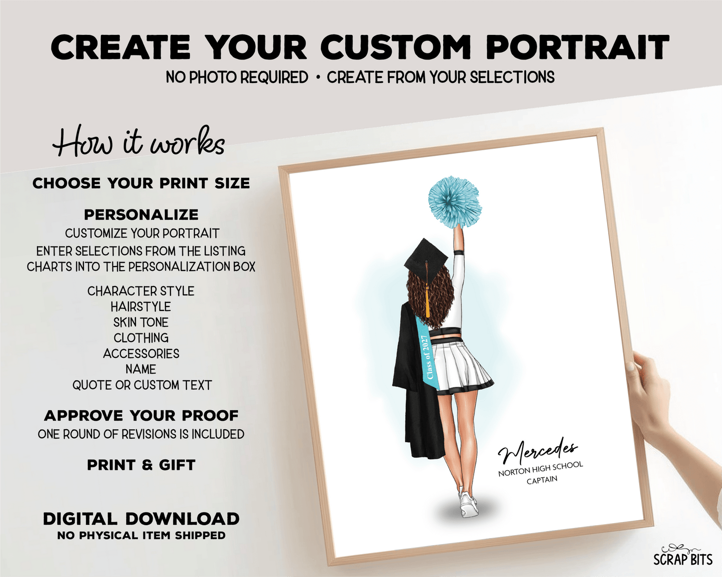 Cheerleader Graduation Portrait Print, Custom Digital Drawing - High Poms - Scrap Bits