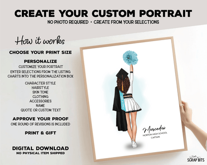 Cheerleader Graduation Portrait Print, Custom Digital Drawing - High Poms - Scrap Bits