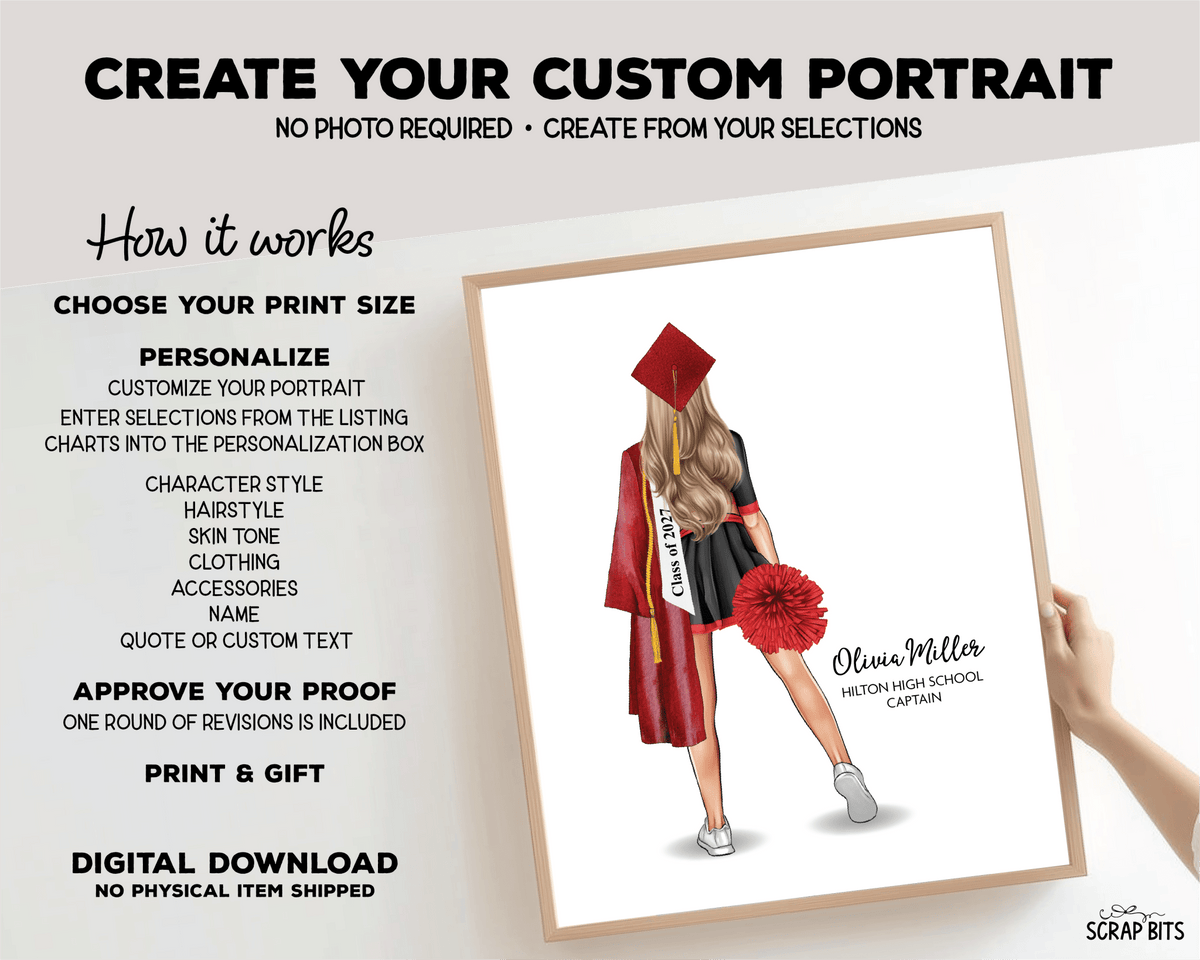Cheerleader Graduation Portrait Print, Custom Digital Drawing - Hip Poms - Scrap Bits