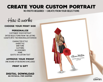 Cheerleader Graduation Portrait Print, Custom Digital Drawing - Hip Poms - Scrap Bits