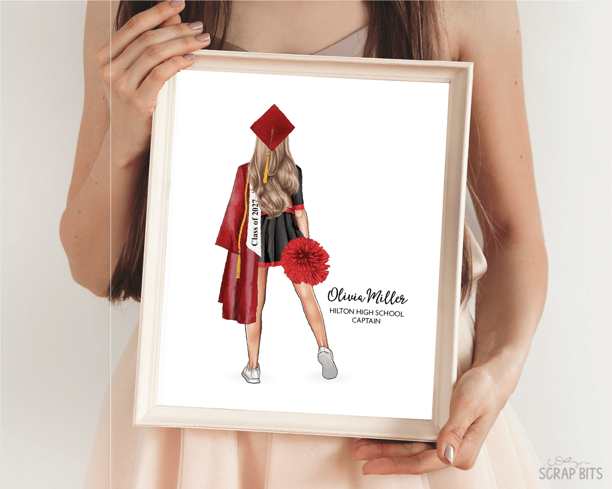 Cheerleader Graduation Portrait Print, Custom Digital Drawing - Hip Poms - Scrap Bits