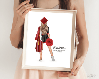 Cheerleader Graduation Portrait Print, Custom Digital Drawing - Hip Poms - Scrap Bits