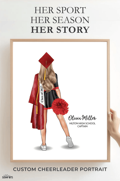Cheerleader Graduation Portrait Print, Custom Digital Drawing - Hip Poms - Scrap Bits